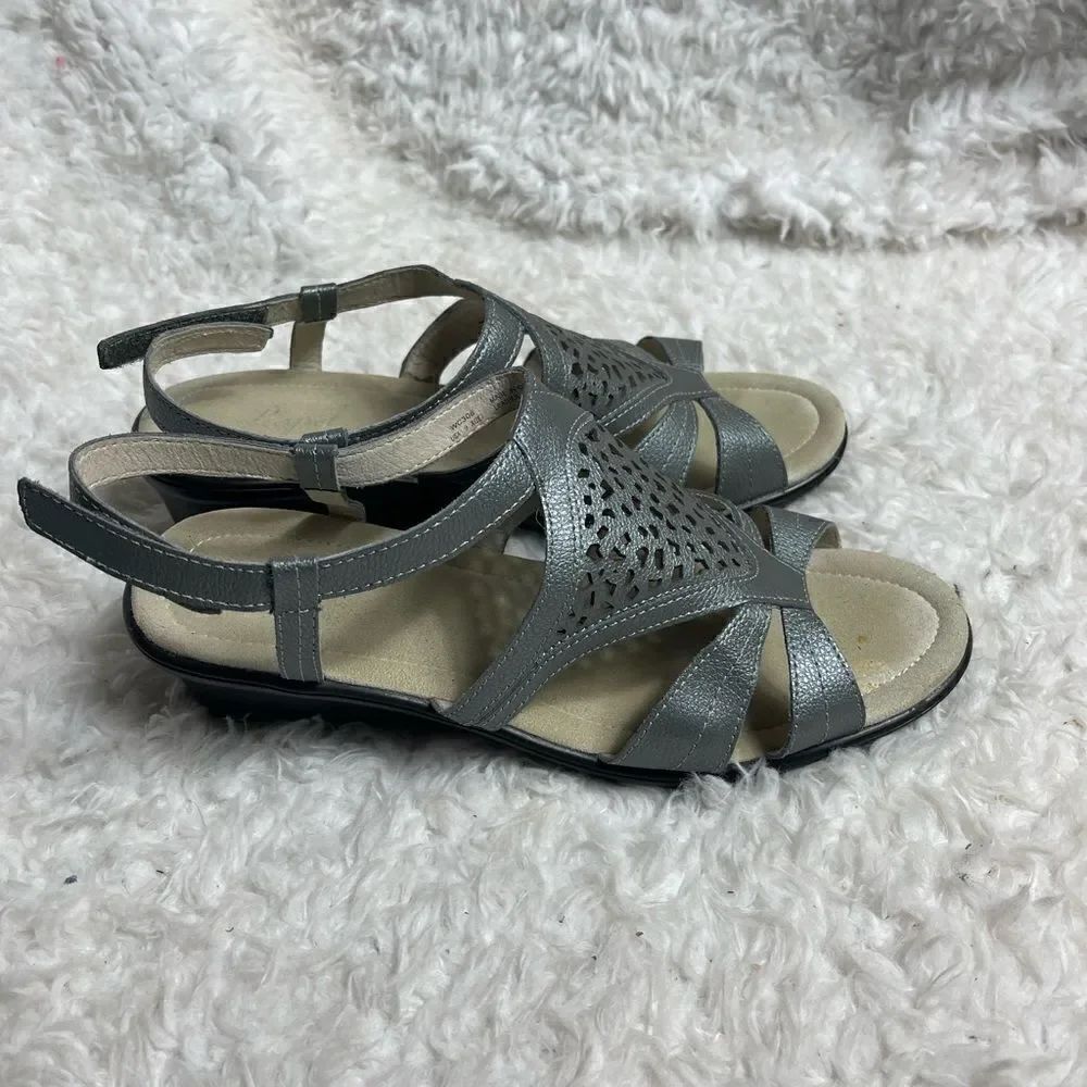 Propèt leather Metallic gray fashion ankle strap wedge sandals size 9